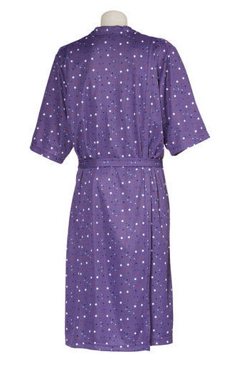 Short-sleeved summer dress, view from the back showing the petal back overlapping design for easy dressing