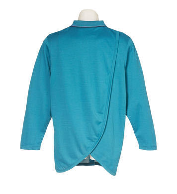 Teal long-sleeve polo top viewed from behind, showing the petal back adaptive design