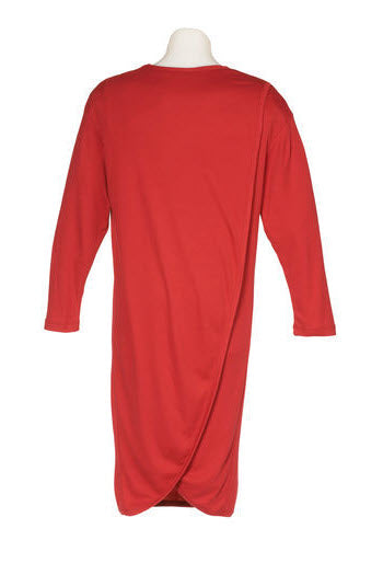The back of a men's long-sleeved nightshirt in red, showing the petal back that helps with easy dressing
