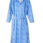 Long sleeved blue patterned petal back dress with tie belt