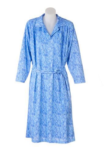 Long sleeved blue patterned petal back dress with tie belt