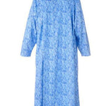 Long sleeved blue patterned dress, shown from the back with the adaptive  petal back split closure