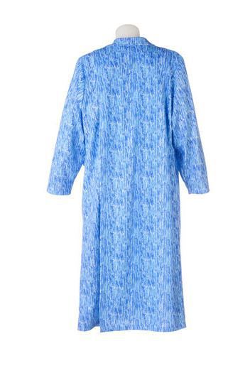 Long sleeved blue patterned dress, shown from the back with the adaptive  petal back split closure