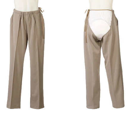Beige adaptive pants on a mannequin against a white background, shown from the front and the back