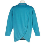 Teal long-sleeve polo top viewed from behind, showing the petal back adaptive design