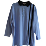 Men's adaptive long-sleeve polo shirt in light blue with two vertical navy stripes.