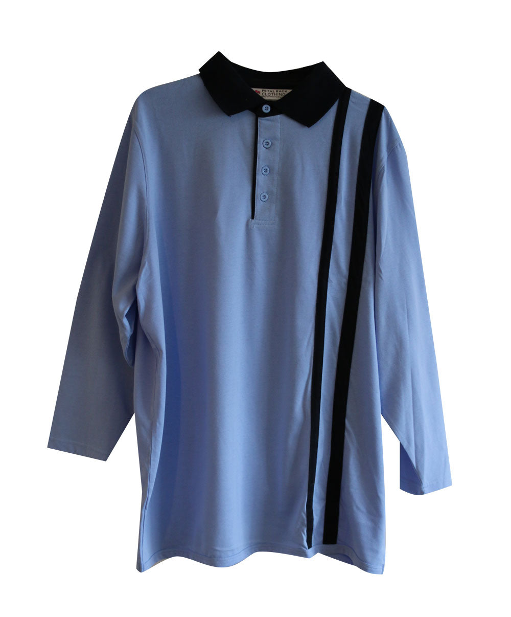Men's adaptive long-sleeve polo shirt in light blue with two vertical navy stripes.