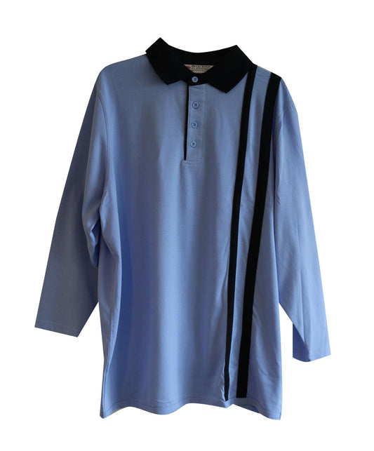 Men's adaptive long-sleeve polo shirt in light blue with two vertical navy stripes.