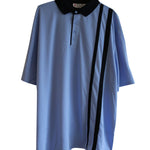 Men's adaptive polo shirt in light blue with two vertical navy stripes and short sleeves.