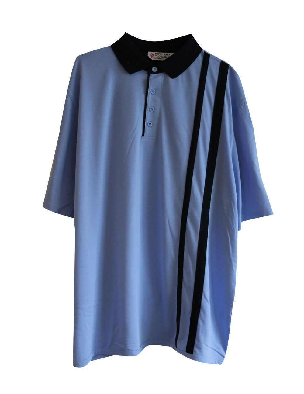 Men's adaptive polo shirt in light blue with two vertical navy stripes and short sleeves.