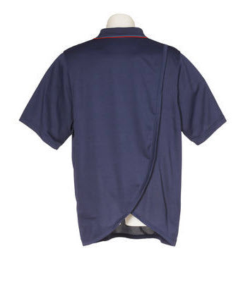 Men's navy polo shirt with short sleeves. This view from the rear shows the unique adaptive petal back design for easy dressing