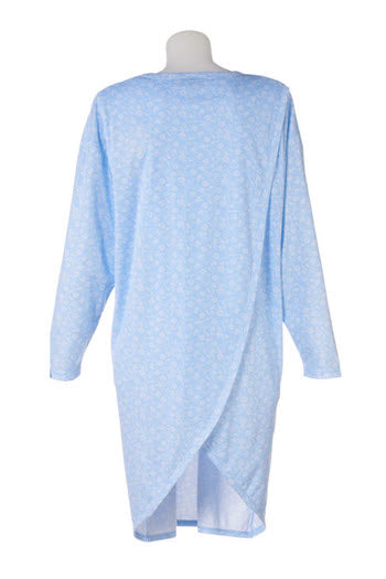 Long-sleeved women's night dress, shown from the back with the petal back split opening