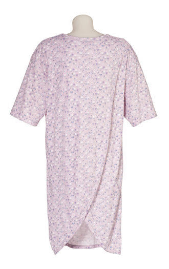 Light pink ladies' nightie, viewed from the back to show the overlapping petal back design for easy dressing 