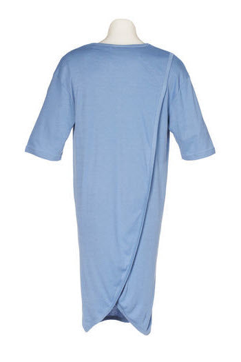 Men's nightshirt in pale blue, shown from the back with the overlapping petal back adaptive design