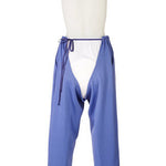 Women's adaptive pants in wisteria blue. View from the back shows the split opening 'petal back' for easy dressing