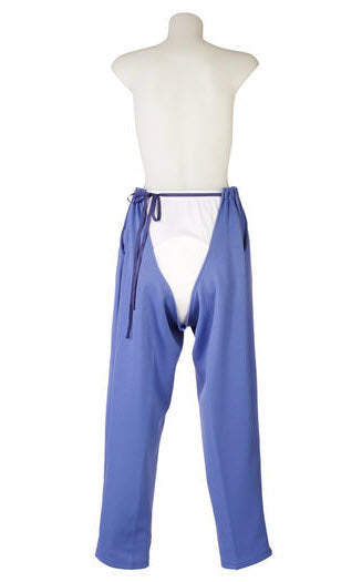 Women's adaptive pants in wisteria blue. View from the back shows the split opening 'petal back' for easy dressing