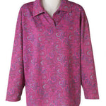 Women's long sleeved polo shirt in a pink and purple swirl pattern