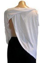 'Step 2' of the petal back dressing process, showing a mannequin with a white singlet and one overlapping panel smoothed down the back