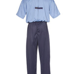 Men's one-piece sundowner 'dementia' suit for daytime wear, viewed from the back - light blue top with navy bottoms