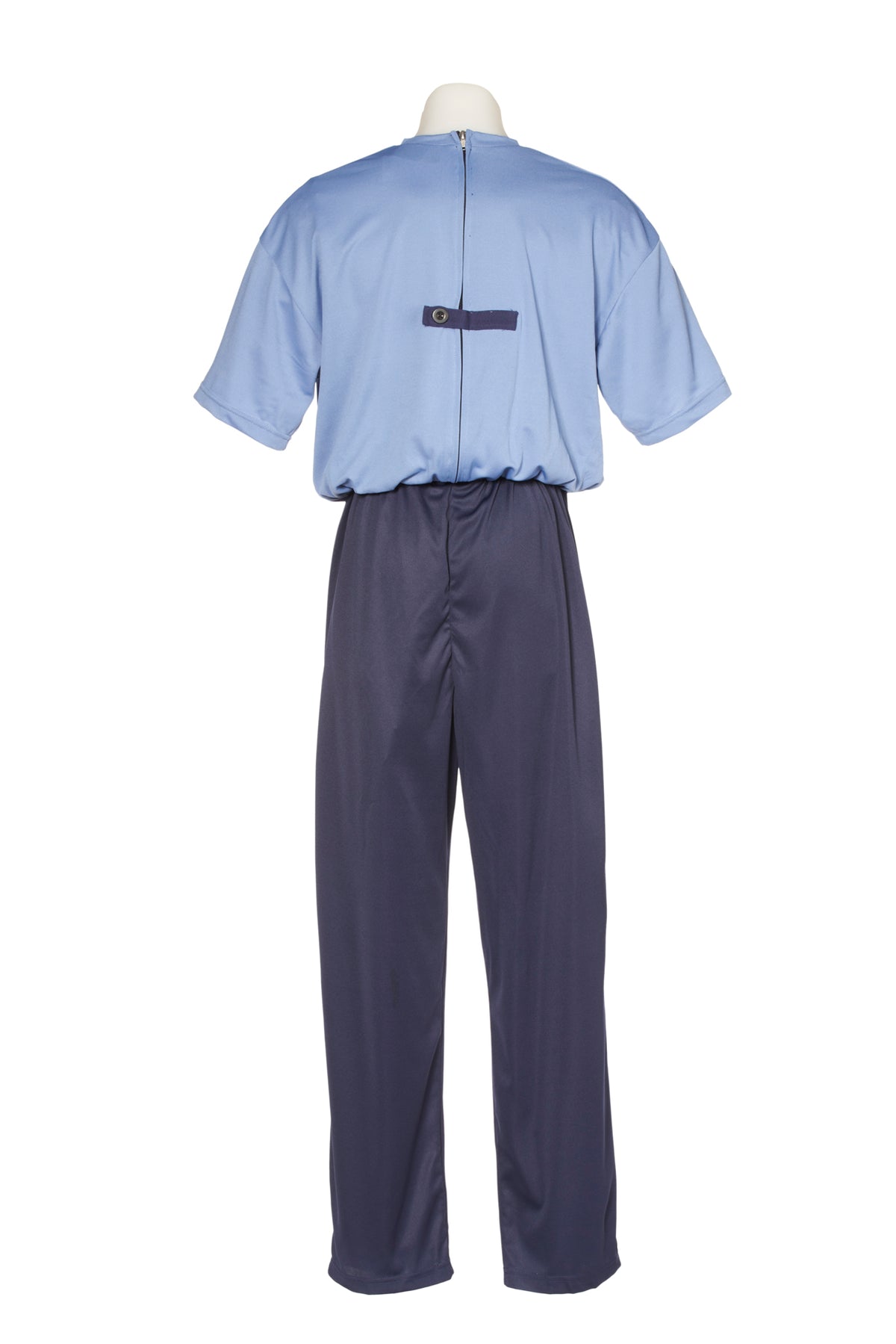 Men's one-piece sundowner 'dementia' suit for daytime wear, viewed from the back - light blue top with navy bottoms