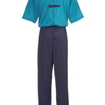 Men's one-piece sundowner 'dementia' suit for daytime wear - teal top with navy bottoms. View from the rear showing the long zip