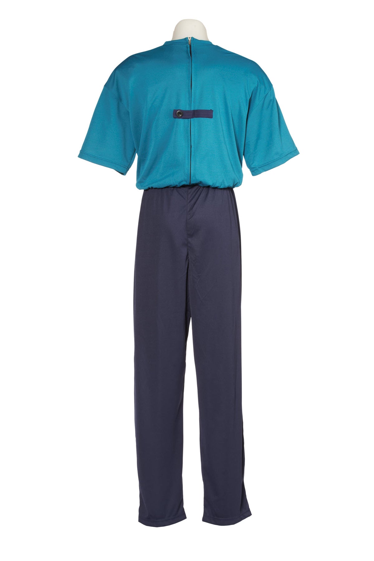 Men's one-piece sundowner 'dementia' suit for daytime wear - teal top with navy bottoms. View from the rear showing the long zip