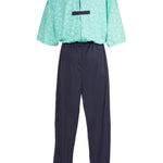 Women's one-piece sundowner 'dementia' suit for daytime wear, viewed from the back - light green top with navy bottoms