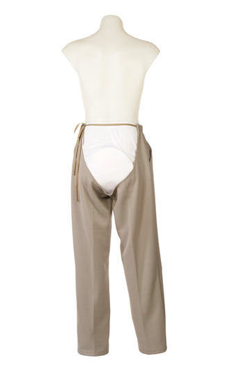 Men's adaptive trousers in beige, viewed from the back with the open adaptive design