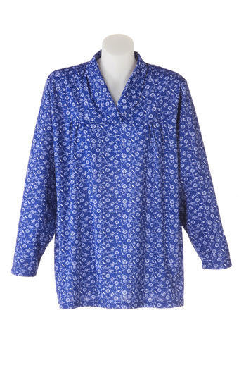 Women's long sleeve adaptive blouse in blue and white floral pattern