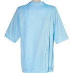 Light blue women's short-sleeved tunic blouse. This view shows the unique petal back split opening for easy assisted dressing
