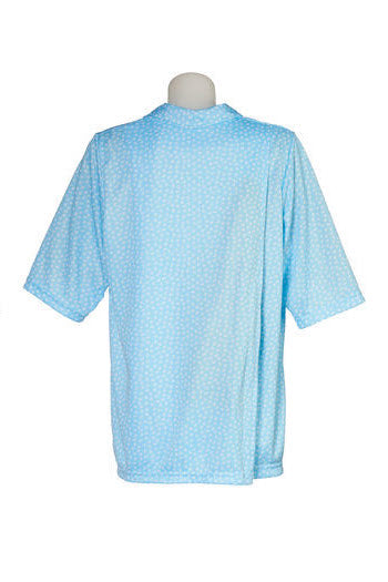 Light blue women's short-sleeved tunic blouse. This view shows the unique petal back split opening for easy assisted dressing
