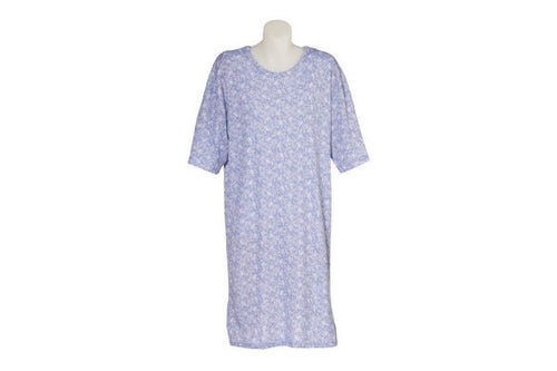 A long-sleeve Petal Back nightie in a light blue and white pattern.